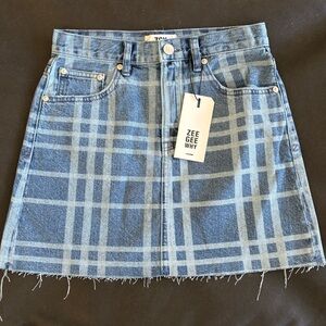 NWT Size 24 ZeeGee Why Denim Kick Skirt
Blue Plaid Denim Skirt